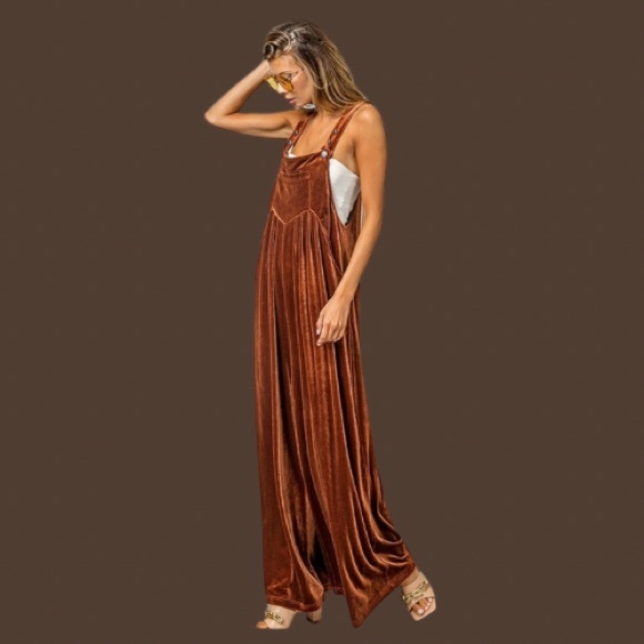 New Wide Leg Velvet Jumpsuit Overalls with Pockets - Picture 4 of 8